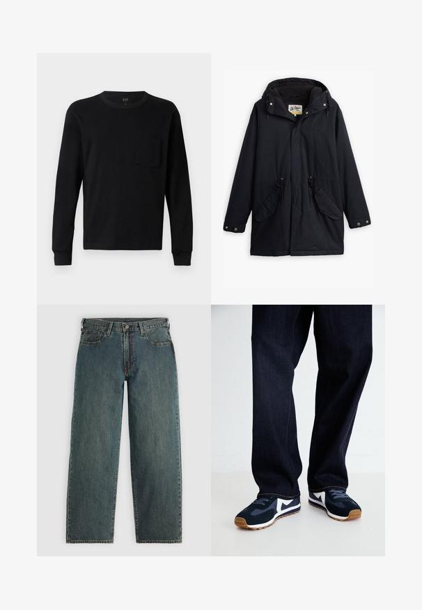 Parka impermeável preta com capuz destacável, cintura com cordão, dois bolsos laterais e um forro macio. Apresenta fechos de pressão e tecido durável.; T-shirt preto de manga longa, feito de algodão suave, com gola redonda, punhos canelados e um pequeno bolso no peito. Design minimalista.; Jeans de denim de perna reta em azul escuro com fecho de botão e ziper, bolsos frontais e passadores de cinto em um fundo cinza claro.; Tênis atléticos em azul marinho e branco com um upper texturizado, cadarços e sola de borracha, combinados com calças de ganga escuras com costuras laranja.
