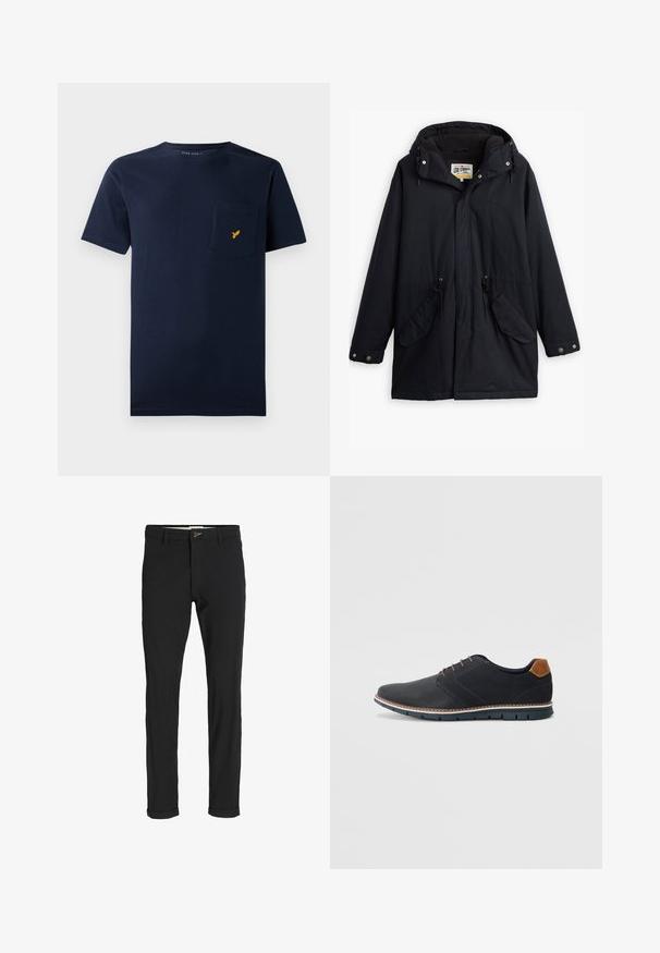 Parka nera impermeabile con cappuccio staccabile, vita regolabile con cordino, due tasche laterali e una fodera morbida. Dotato di chiusure a scatto e tessuto resistente.; T-shirt in cotone blu navy con maniche corte, scollatura rotonda e taschino sul petto con un piccolo logo di un uccellino giallo.; Pantaloni neri in cotone misto con vestibilità slim, dotati di chiusura con bottone, tasche e orli arrotolati per un look informale.; Scarpe sintetiche nere con tomaia testurizzata, dettagli lisci, tacco marrone e suola a contrasto. Presentano una lacerazione minimale e dettagli di cucitura.