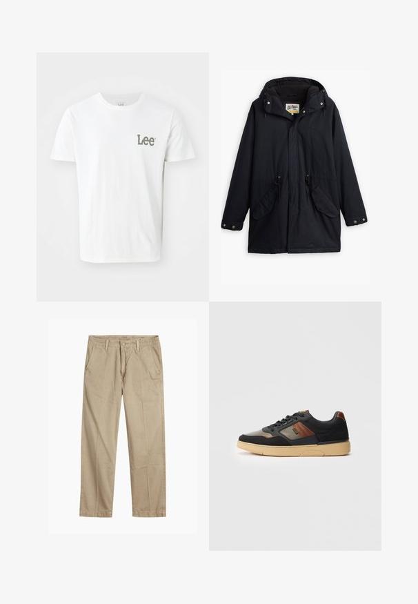 Parka impermeável preta com capuz destacável, cintura com cordão, dois bolsos laterais e um forro macio. Apresenta fechos de pressão e tecido durável.; Camiseta branca de algodão com um pequeno logotipo verde "Lee" na área do peito esquerdo. Gola clássica redonda e mangas curtas, textura suave.; Chinos bege de perna reta com passantes para cinto, fecho frontal com botão e fecho de correr, e bolsos frontais inclinados.; Sapatilhas baixas pretas e castanhas com sola, atacadores e marcação lateral bege, sobre um fundo branco simples.