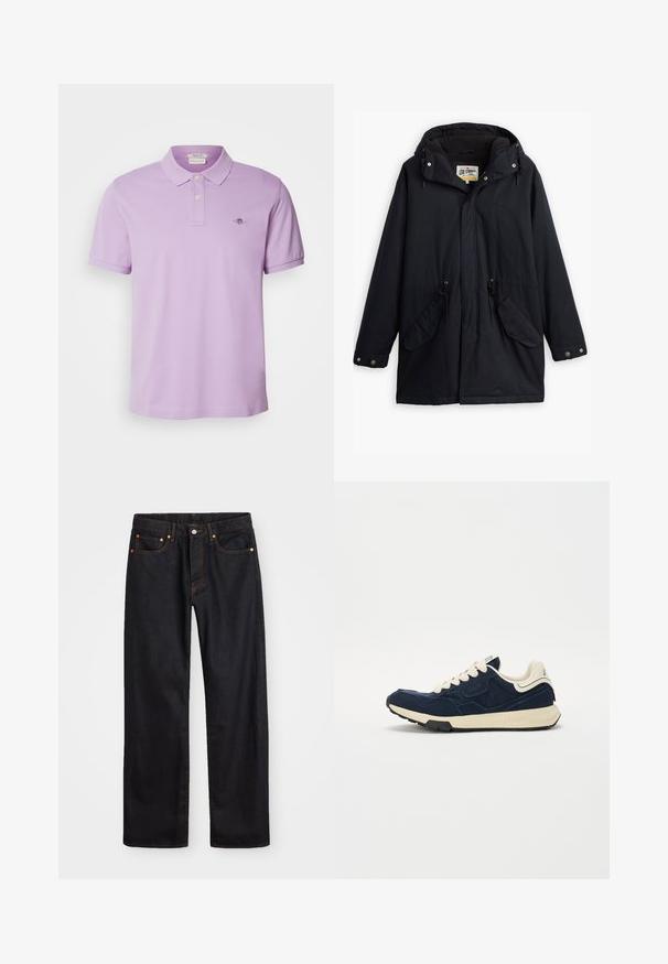 Fekete vízálló parka leválasztható kapucnival, húzózsinóros derékkal, két oldalsó zsebből és puha béléssel. Patentos záródással és tartós anyaggal rendelkezik.; GANT REG SHIELD SS - Pólóing - orchid lilac; Férfi egyenes szabású fekete farmernadrág öt zsebbel és narancssárga varrással, gombos és cipzáros záródással elöl.; Sötétkék sneaker texturált velúr felsőrésszel, krémszínű fűzőkkel és bézs középtalppal. Klasszikus sportos dizájnnal és gumitalppal rendelkezik.