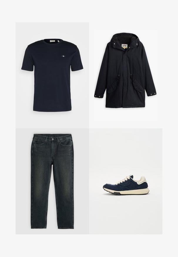 Juodas vandeniui atsparus parka su nuimamu kapišonu, raišteliu juosmeniui, dviem šoninėmis kišenėmis ir minkštu pamušalu. Yra spaudimo užsegimai ir patvari medžiaga.; Tamsiai mėlyna medvilninė marškinėliai su apvalia kaklo iškirpte, trumpomis rankovėmis ir mažesniu logotipu išsiuvinėtu kairėje krūtinėje. Minkšta tekstūra, standartinio kirpimo.; Tamsiai mėlynos džinsinės kelnės su tiesiu kirpimu, turinčios penkias kišenes, užtrauktuką ir kontrastingas siūles. Audinys šiek tiek nublukęs.; Tamsiai mėlynos spalvos sportbačiai su tekstūruota zomšinė viršutine dalimi, kreminėmis raišteliais ir smėlio spalvos viduriu. Yra klasikinio sportinio dizaino ir guma dengtu padu.