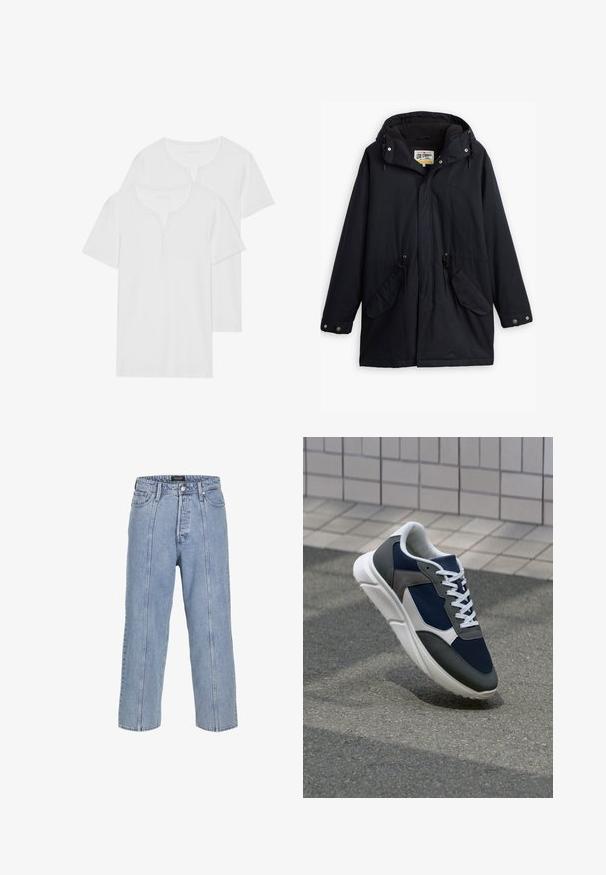 Parka noire imperméable avec capuche amovible, taille réglable par cordon, deux poches latérales et doublure douce. Comprend des fermetures à pression et un tissu durable.; Deux t-shirts blancs à manches courtes en coton doux, avec un col henley et deux boutons, de coupe régulière.; Jean en denim bleu clair avec une coupe ample, des jambes larges et des détails de couture visibles. Il dispose d'une fermeture à bouton et zip, ainsi que de cinq poches.; Baskets avec une tige en mesh bleu marine, des accents en suède gris, une semelle en caoutchouc blanc et des lacets plats blancs, conçues pour le confort et la respirabilité.