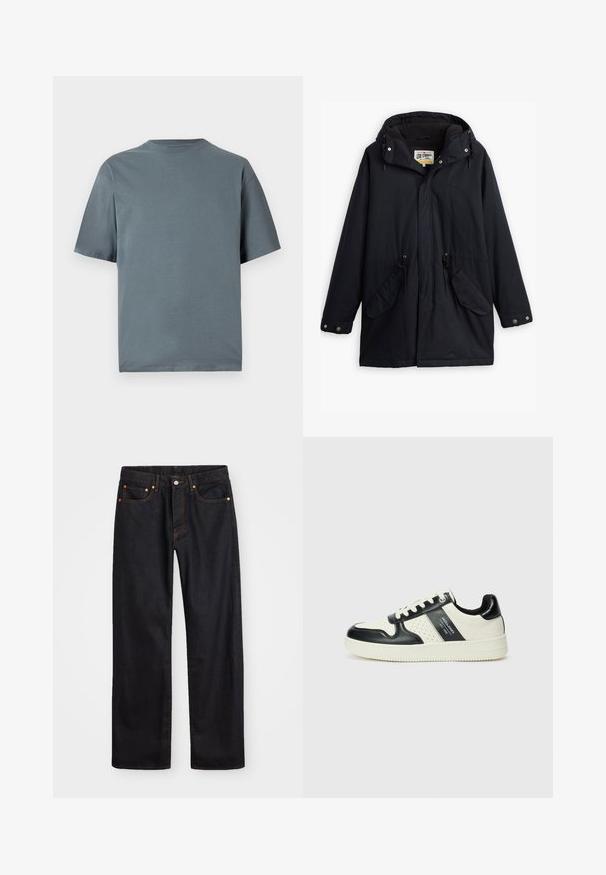 Černá voděodolná parka s odnímatelnou kapucí, stažením v pase, dvěma bočními kapsami a měkkou podšívkou. Obsahuje patentky a odolnou tkaninu.; Šedé bavlněné tričko s krátkým rukávem, kulatým výstřihem a volným střihem. Hladká textura, minimalistický design a žádné viditelné vzory ani kovové doplňky.; Pánské černé džíny rovného střihu s pěti kapsami a oranžovým prošíváním, s knoflíkem a zipem na předním pásku.; Kožené tenisky s černobílou barevnou kombinací, které mají perforované detaily, polstrovaný límec a texturovanou podrážku.