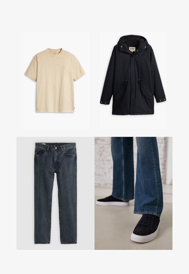 Must värvitud veekindel parka äratavaba kapuutsi, reguleeritava vöökoha, kahe küljetasku ja pehme voodriga. Omab nööpkinnitusi ja vastupidavat kangast.; Beige puuvillane T-särk ümmarguse kaeluse ja lühikeste varrukatega. Rinnal on peene "Levi's" logo samas värvis. Pehme tekstuur.; Tumedat sinised teksapüksid sirge jalaga disainiga, viie taskuga ja nupuga sulgemine. Kanga peal on peenheledus ja tekstuur.; Tumedat sinised nubukist spordijalatsid valge kummist tallaga ja nööpidega, mis on ühendatud laia jala denimidest teksadega keskmise sinise pesu toonis.