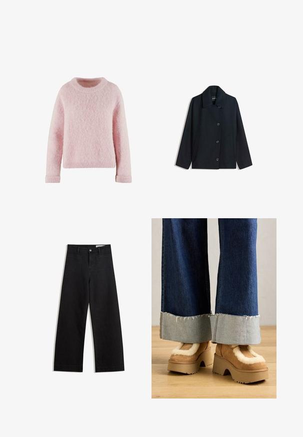 Manteau en laine bleu marine foncé avec un col cranté, une fermeture à boutons à l'avant, deux poches latérales et une coupe décontractée. Texture lisse et design minimaliste.; Pull léger rose en matière douce et duveteuse. Présente un col rond et des poignets côtelés. Design simple et confortable sans motifs.; Pantalon en denim noir à jambes larges avec une taille haute, comprenant des poches avant et arrière, des coutures piquées et une fermeture à bouton. Texture lisse.; Bottes à plateforme en suede marron avec doublure en fausse fourrure crème, associées à un pantalon en denim à jambes larges avec ourlets effilochés et un poignet en denim plus clair.