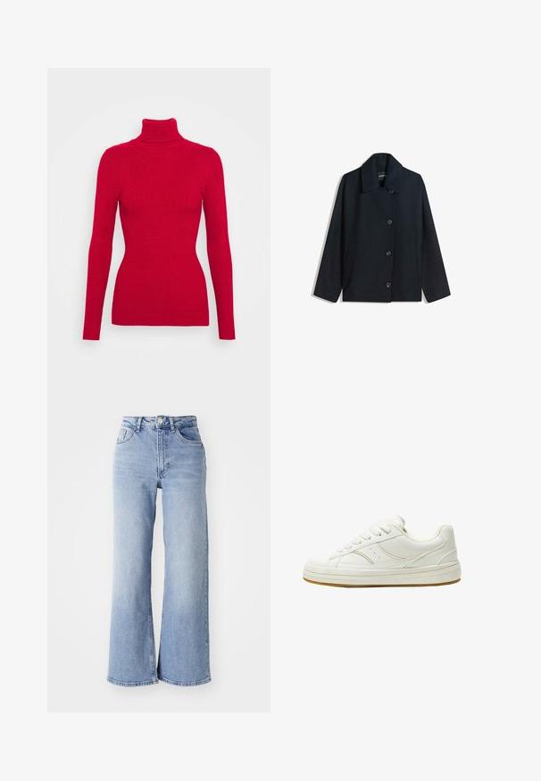 Tamnosivi vuneni kaput s izrezanom kragnom, dugmadi sprijeda, dva bočna džepa i opuštenim krojem. Glatka tekstura i minimalistički dizajn.; Crvena rebrasta rolka s dugim rukavima, teksturirana tkanina, uski kroj i visoki okovratnik. Bez vidljivih ukrasa.; Svijetloplave traperice visokog struka širokih nogavica s prednjim i stražnjim džepovima, kopčanjem na gumbi i suptilnim izblijedjenjem na bedrima i rubovima.; Bijele kožne tenisice s okruglim vrhom, debelim gumenim potplatom i šest rupa za vezivanje. Imaju suptilne šavove i teksturiran potplat za bolje prianjanje.