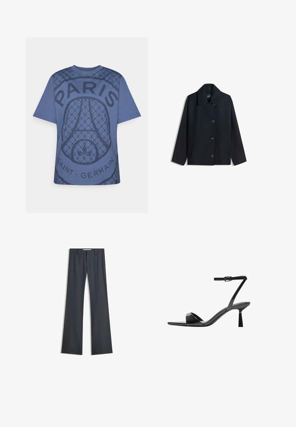 Cappotto in lana blu scuro con colletto a punte, chiusura frontale con bottoni, due tasche laterali e vestibilità comoda. Texture liscia e design minimalista.; T-shirt in cotone blu con un design grafico testurizzato che presenta il testo "PARIS" e "SAINT-GERMAIN", scollatura rotonda e maniche corte.; Pantaloni a righe grigio scuro con un design a gamba dritta, caratterizzati da una texture liscia e una vita. Nessun elemento hardware o accento visibile.; Bershka Sandali con tacco - black