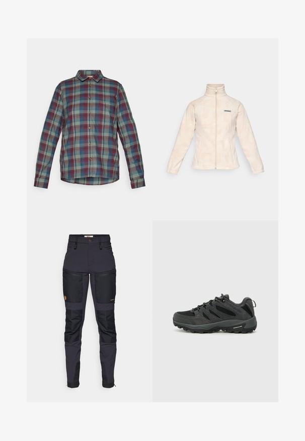 Light cream fleece jacket with a high collar and full front zipper. Features subtle wave pattern and a small logo on the left chest.; Long-sleeve button-up shirt with green, blue, and red plaid pattern and a front chest pocket.; Dark gray pants with black reinforced patches. Features include zippered pockets, a fitted design, and a durable fabric texture.; Columbia REDMOND - Hiking shoes - black/citron haze