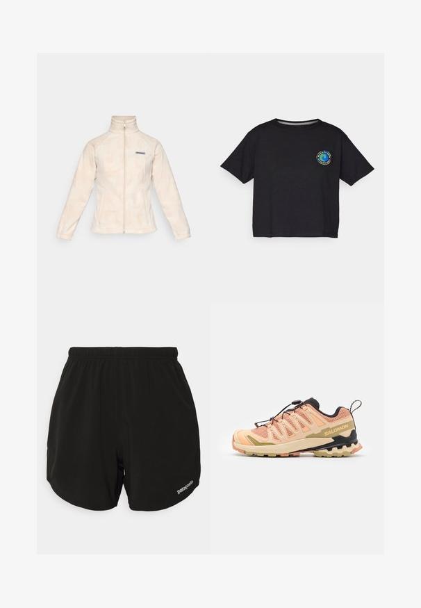 Vaalean kerma fleece-takki, jossa on korkea kaulus ja täysipitkä vetoketju. Takissa on hienovarainen aaltoilu kuvio ja pieni logo vasemmassa rinnassa.; Mustat puuvillaiset lyhythihaiset T-paidat, joissa on pyöreä monivärinen logo rinnassa. Suora helma ja rento istuvuus.; Mustat urheilushortsit, joissa on elastinen vyötärö, kaareva helma, sivutaskut ja pieni valkoinen "Patagonia"-logo alhaalla oikealla.; Salomonin lenkkarit polkujuoksuun vaaleanpunaisena ja beigellä, tekstuurilla varustetulla verkko-yläosalla, joustavalla pohjalla, erottuvalla kantamuotoilulla ja heijastavilla yksityiskohdilla.