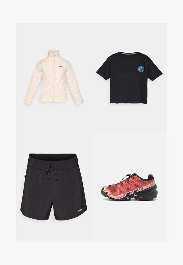 Casaco de fleece de creme claro com gola alta e fecho frontal completo. Apresenta um padrão de ondas subtil e um pequeno logótipo no lado esquerdo do peito.; T-shirt preto de algodão com mangas curtas, apresentando um logótipo circular multicolorido no peito. Barra reta e ajuste descontraído.; Fato de banho preto feito de tecido leve, com uma cintura elástica, cordão e bolsos laterais para maior funcionalidade.; Sapatilha de trail running em rosa e preto. Parte superior em malha com sobreposições reforçadas, sola texturizada, sistema de atacadores rápidos e marcação no calcanhar.
