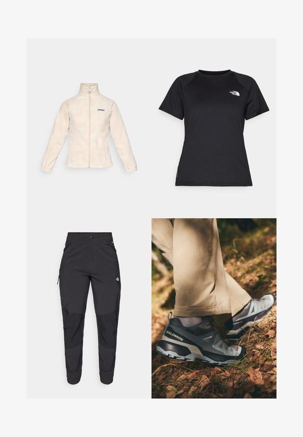 Helle Fleecejacke mit hohem Kragen und vollständigem Reißverschluss. Verfügt über ein dezent gewelltes Muster und ein kleines Logo auf der linken Brust.; Schwarzes, kurzärmliges Sport-T-Shirt mit Rundhalsausschnitt und dem The North Face-Logo auf der oberen linken Brust.; Schwarze Outdoor-Hosen aus strapazierfähigem Material. Verfügen über Reißverschlusstaschen, verstärkte Knieeinsätze und ein gerades Design für Beweglichkeit.; Salomon X ULTRA 360 GTX - Hikingschuh - sharkskin/trooper/arona