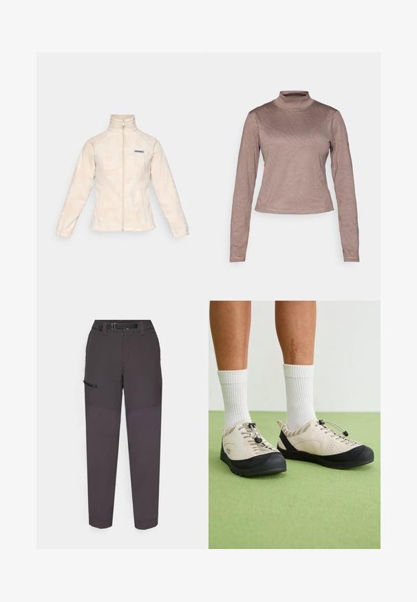 Veste en polaire crème clair avec un col haut et une fermeture éclair sur le devant. Présente un motif en vagues subtil et un petit logo sur la poitrine gauche.; Columbia GRANITE POINT™ - T-shirt à manches longues - iron; Pantalons cargo gris foncé en tissu léger, dotés d'une ceinture durable, d'un zip frontal et d'une poche latérale avec un rabat en Velcro.; Des chaussures beiges avec des accents noirs, des panneaux latéraux en maille et un système de laçage sécurisé à réglage rapide. Semelles en caoutchouc épaisses avec un motif de semelle. Portées avec des chaussettes blanches.