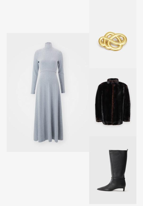 Tamsiai ruda ir juoda dirbtinės odos striukė su iškilniu apykakle ir ilgomis rankovėmis ant baltos fono.; Pilka ilga rankovė su aukštu kaklu, prigludęs liemuo ir plazdanti sijonas, pagaminta iš minkštos, tekstūruotos medžiagos. Siūlės linijos sukuria aiškiai apibrėžtą siluetą.; Juodas odinis iki kelių botas su smailiu batu, akcentuotas apvaliu diržu aplink kulkšnį ir žemu, siaurėjančiu kulnu. Lygi tekstūra.; Juodas krokodilo rašto odinis rankinės krepšys su struktūruotu dizainu, viršutine rankena, reguliuojamu dirželiu ir išsiskiriančiu priekinio logo detale.; Aukso tono sagė, pasižyminti mazgo dizainu su glotniais, kreivais linijomis ir sudėtinga forma, atspindinčia poliruotą paviršių.