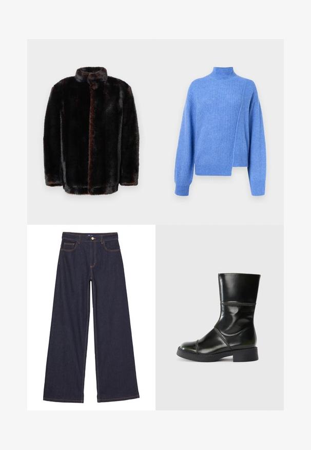 Temno rjava in črna umetna krznena jakna z dvignjenim ovratnikom in dolgimi rokavi na beli podlagi.; Modra pletena jopica z visokim ovratnikom, s poševnim šivom in rebrastimi manšetami. Mehek tekstura in sproščen kroj z dolgimi rokavi.; Široke traper hlače v temno modri denimu. Imajo zlato šivanje in pet žepov, vključno z dvema sprednjima in enim zadnjim, s klikom za zapiranje.; Črne usnjene gležnjarje z zaobljenim nosom, gladko površino, kontrastnim šivanjem in blokastim peto, ki ima nekoliko zožen silhueto.