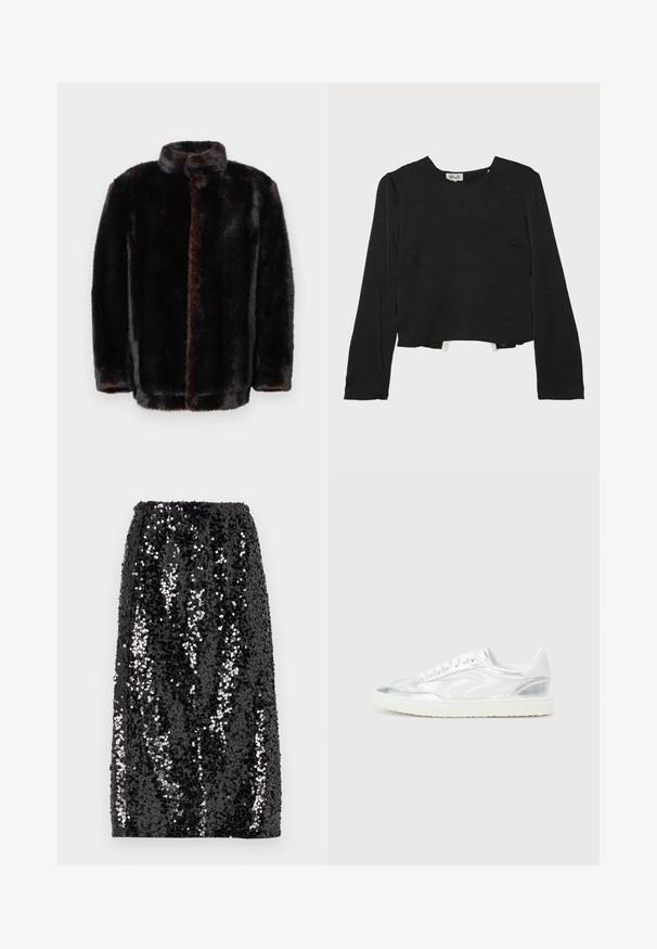 Sötétbarna és fekete műszőrme dzseki, álló gallérral és hosszú ujjakkal, fehér háttér előtt.; Fekete, hosszú ujjú póló kerek nyakkal, texturált anyagból, rövidített szegéllyel és finom varrásokkal, oldalzsebekkel a részletek fokozására.; Fekete flitter szoknya, egyenes fazonnal, elasztikus derekú és sima textúrájú, különböző méretű csillogó flitterekkel a látványos kontraszt érdekében.; Fehér sportcipők fényes ezüst díszítéssel, sima felülettel, kerek orral, lapos talppal és hagyományos fűzős kialakítással.