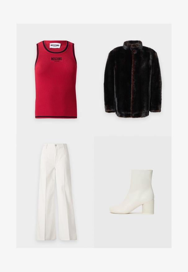 Donkerbruine en zwarte nepbontjas met een opstaande kraag en lange mouwen tegen een witte achtergrond.; Rode ribben tanktop met zwarte details, met een geborduurd logo "MOSCHINO JEANS" aan de voorkant. Mouwloos ontwerp, aansluitende silhouet.; Witte wijde-broek gemaakt van katoen met een gladde textuur. Voorzien van een knoop aan de voorkant, ritsopening en vierzakkenontwerp.; Witte leren enkellaars met een ronde neus en een stevige cilindrische hak. Gladde textuur, minimalistisch design, geen zichtbare hardware of patronen.