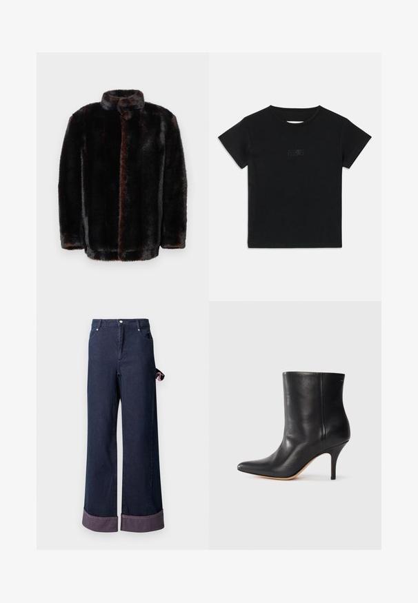 Casaco de pelagem sintética castanho-escuro e preto com colarinho alto e mangas longas em fundo branco.; T-shirt preta de algodão com mangas curtas, decote redondo e uma pequena estampa gráfica numa tonalidade mais clara na frente.; Calças de ganga de perna larga em algodão azul escuro com uma bainha bem acabada, apresentando uma etiqueta de destaque rosa de lado e um design clássico de cinco bolsos.; Botim de tornozelo em pele preta com biqueira pontiaguda, salto fino em stiletto e textura suave. Design minimalista sem hardware ou detalhes visíveis.