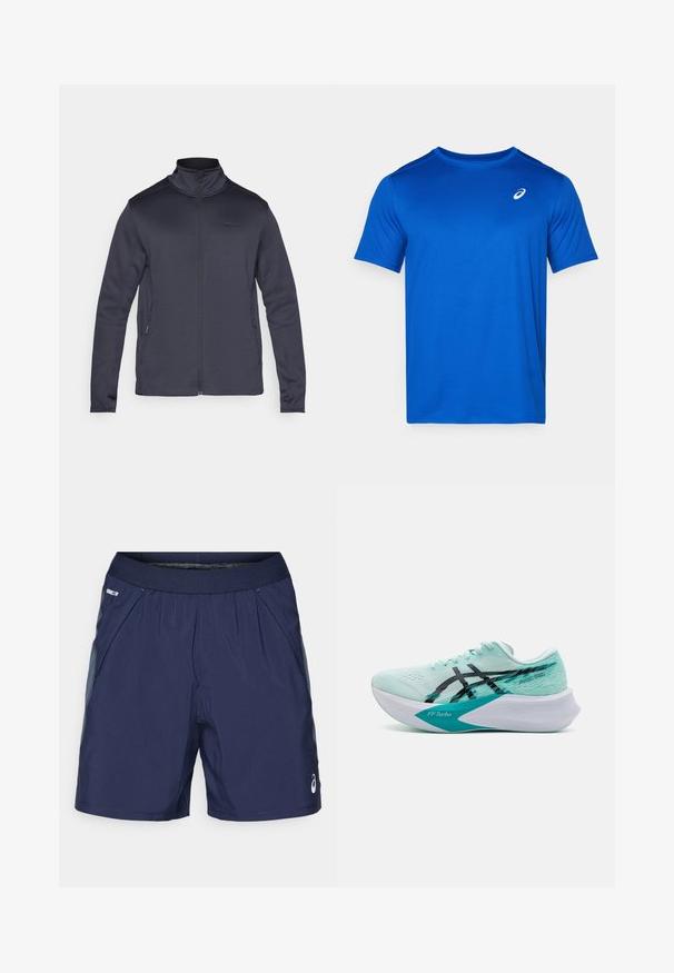 Jachetă cu fermoar de culoare gri închis, realizată dintr-un material moale, având un guler înalt, mâneci lungi și buzunare laterale cu închidere prin fermoar.; Tricou albastru cu mâneci scurte, fabricat dintr-un material ușor. Dispune de un decolteu rotund și un mic logo alb pe piept. Textură netedă.; Pantaloni scurți atletici de culoare bleumarin, cu talie elastică, buzunare laterale și accente de un gri deschis. Fabricati dintr-un material ușor și neted pentru confort.; Tenis de alergare de culoare albastru deschis, cu un superior din plasă, accente negre și o talpă intermediară albă distinctivă, etichetată "FFTurbo." Prezintă modele texturate.