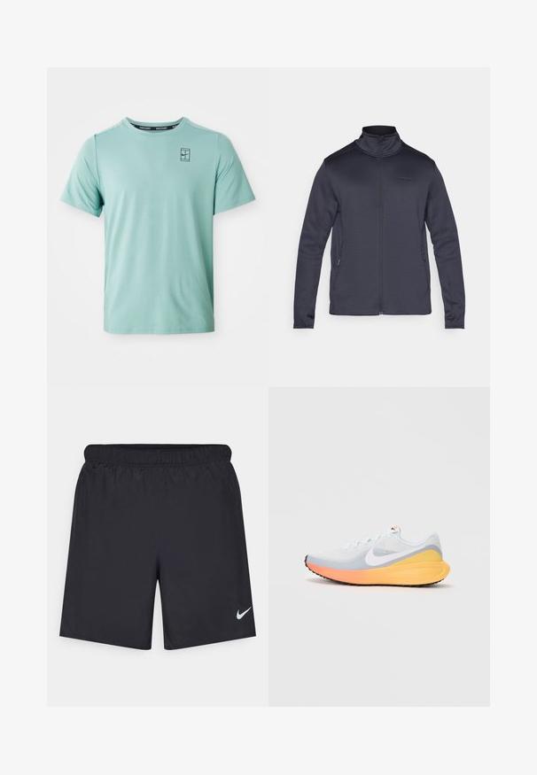 Temno siva zip-up jakna iz mehkega materiala, ki ima visok ovratnik, dolge rokave in stranske žepe z zadrgo.; Svetlozelena, kratkosleeve atletska majica s okruglim izrezom, koja ima suptilnu teksturu i mali crni Nike logo na grudima.; Črne atletske kratke hlače iz lahkotnega materiala z elastičnim pasom. Imajo majhen bel Nike logo na spodnji levi strani.; Svetlo modra tekaška obutev z zračnim mrežastim zgornjim delom. Ima bel swoosh, srednji del v oranžni in rumeni barvi ter črno podplat za oprijem.