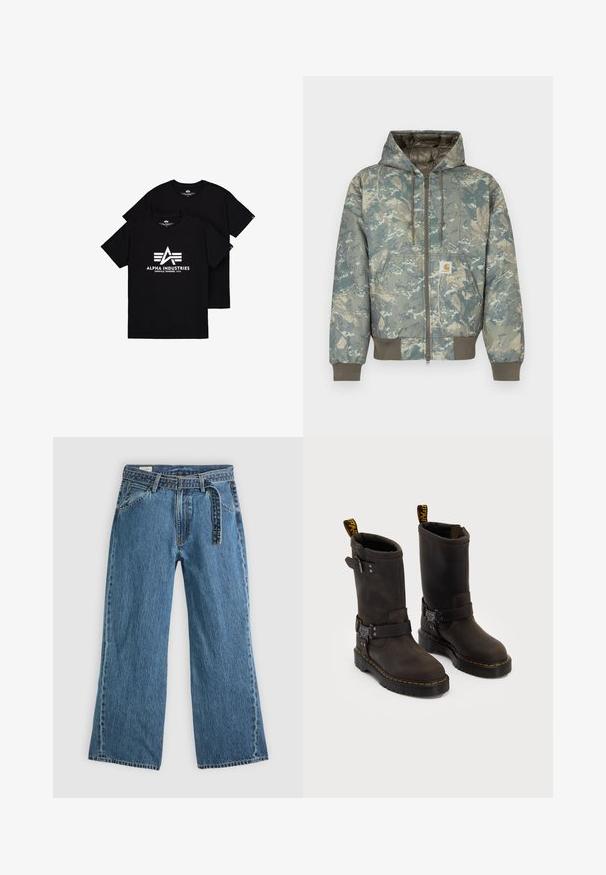 Casaco acolchoado com capuz em padrão de camuflagem verde e bege. Apresenta fecho de correr, cordões e punhos e bainha canelados. Inclui uma etiqueta com logótipo.; T-shirts de algodão pretos com um logotipo branco apresentando uma letra "A" e três riscas em baixo. Com decote redondo e mangas curtas, exibidos em posição empilhada.; Jeans de ganga azuis de perna larga com cinto preso, bolsos frontais e costura visível sobre um fundo claro.; Botas de couro castanho-escuras com um design até ao meio da panturrilha, costura amarela, correias ajustáveis com fivela e alças na parte superior. Acabamento texturizado.