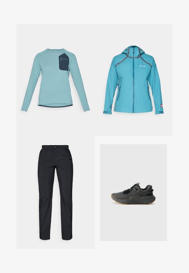 Giacca impermeabile azzurro chiaro con cappuccio, caratterizzata da dettagli grigi, tasche con zip e chiusura con zip. Realizzata in materiale traspirante.; Camicia a maniche lunghe in tessuto texturizzato blu chiaro. Presenta una tasca blu navy con marchio. Girocollo e design con orlo curvo.; Pantaloni neri, leggeri e resistenti all'acqua, con vita elastica e due tasche laterali; texture liscia; design a gamba dritta.; Columbia TERRASTRIDE CRZ - Scarpa da hiking - shark/black