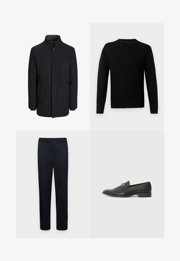 Vīriešu melns vilnas mētelis ar augstu apkakli, slēptu rāvējslēdžu, vienu pogu aizdari un sānu kabatām.; Melnas garās piedurknes ķermeņa pieguļošas kreklas ar apaļu kakla izgriezumu, izgatavots no gludas adītas auduma, izvietots uz gaiši pelēka fona.; Melni bikses ar pielāgotu piegriezumu. Raksturīga gluda tekstūra, jostas cilpas un priekšējie kabatu atveres. Taisna kāju forma.; Melna ādas loafer izmēra apavi ar gludu virsmu, piedāvā ar šūtu dizainu un dekoratīvu metāla ķēdes akcentu pār vampu. Plakana papēža daļa.