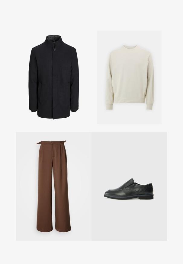 Meeste must villane mantel kõrge kraega, peidetud tõmblukk, ühe nööbiga kinnitamine ja küljetaskud.; Soehking heegrebees värviga sweatshirt pehmest kangast, ümmarguse kaelusega, pikkade varrukatega ja ribanitest mansettide ja alläärega. Minimalistlik disain, ilma nähtavate mustriteta.; Laiene jalad pruunides pükstes, mis on valmistatud pehmest kangast. Omab kõrget vööd voldikutega ja külgedel sidumispaelu, pakkudes mugavat istuvust ja siledat tekstuuri.; Must musta laia suuga king, millel on sile ülemine osa, õmmeldud detailid, ümmargune nina ja madal kummist konts. Tallal on minimaalne mustr.