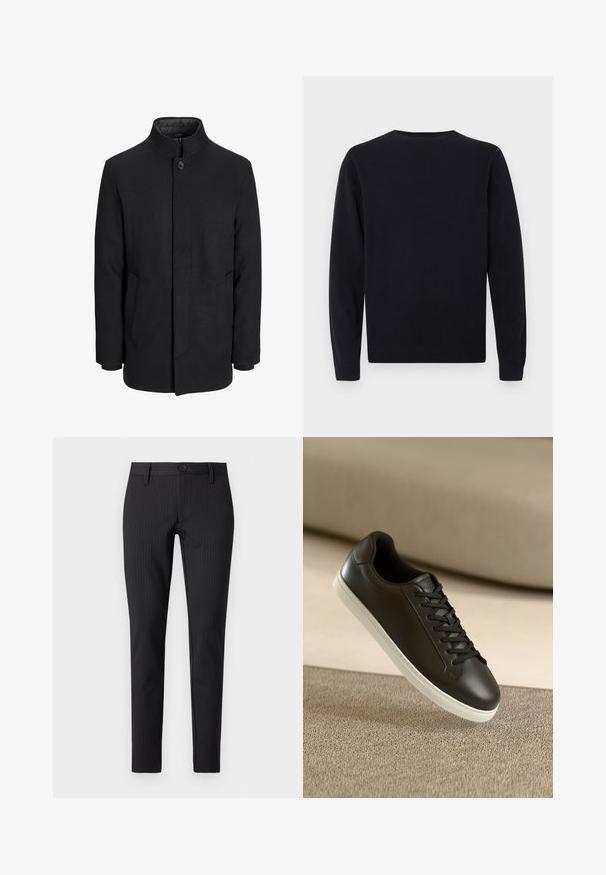 Cappotto da uomo in lana nera con colletto alto, zip nascosta, chiusura a un bottone e tasche laterali.; Maglione nero a maniche lunghe con collo girocollo, dotato di polsini e orlo a costine, mostrato su uno sfondo bianco puro.; Pantaloni neri a righe sottili con frontale piatto, taglio slim, dotati di chiusura a bottone e passanti per cintura, realizzati in un tessuto morbido.; Sneaker in pelle nera con suola in gomma bianca e lacci neri, posizionato su una superficie e sfondo in tessuto beige.