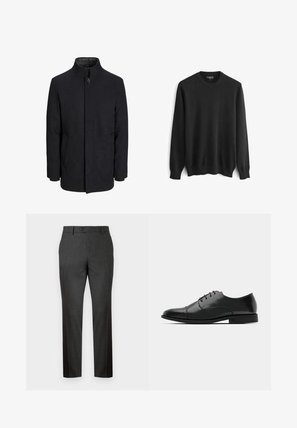 Férfi fekete gyapjú kabát magas gallérral, rejtett cipzárral, egy gombos záródással és oldalzsebekkel.; Fekete kötött pulóver hosszú ujjakkal, kerek nyakkivágással, bordás mandzsettával és aljjal. Sima textúra, látható minták vagy díszítések nélkül.; Szürke csíkos nadrág, sima textúrájú anyagból. Elöl gombos záródással és egyenes szárú kialakítással rendelkezik, amely testre simuló fazont biztosít.; Fekete bőr férfi dresszcipő, lekerekített orral, fűzős kialakítással, diszkrét varrási részletekkel és alacsony sarokkal. Simább felület, fényes kivitel.
