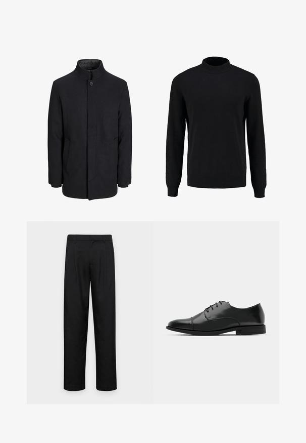 Svart ullrock för män med hög krage, dold dragkedja, singel knappstängning och sidofickor.; Svart stickad tröja med hög krage, långa ärmar och ribbstickade muddkanter och fåll, med en slät textur och klassisk silhuett.; Svarta byxor i slät väv, med rak ben-design, två framfickor och standardmidja med bälteshällor.; Svart läderdressko med rund tå, snörningsdesign, subtila sömnadsdetaljer och låg klack. Slät yta med polerad finish.