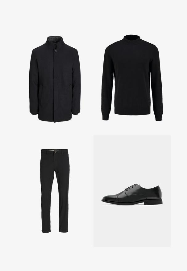 Herren schwarzer Wollmantel mit hohem Kragen, verdecktem Reißverschluss, einreihigem Knopfverschluss und Seitentaschen.; Schwarzer Strickpullover mit hohem Kragen, langen Ärmeln und gerippten Bündchen und Saum, der eine glatte Textur und eine klassische Silhouette aufweist.; Schwarze Baumwollmischungshose mit schmalem Schnitt, gekennzeichnet durch einen Knopfverschluss, Taschen und umgeschlagenen Säumen für einen lässigen Abschluss.; Schwarzer Leder-Dieerschuh mit runder Zehenform, Schnürdesign, dezenten Nähdetails und niedrigem Absatz. Glatte Textur mit polierter Oberfläche.