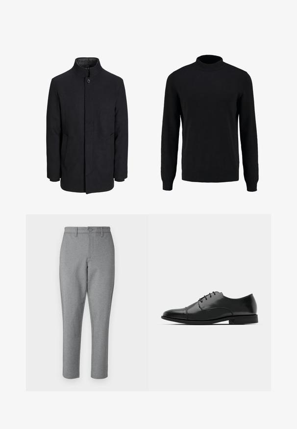 Men's black wool coat with high collar, concealed zipper, single button closure, and side pockets.; Black knit sweater with a high collar, long sleeves, and ribbed cuffs and hem, featuring a smooth texture and classic silhouette.; Gray tailored pants with a subtle texture, straight cut, and front button closure. Features belt loops and side pockets.; Black leather dress shoe with a rounded toe, lace-up design, subtle stitching details, and a low heel. Smooth texture with polished finish.