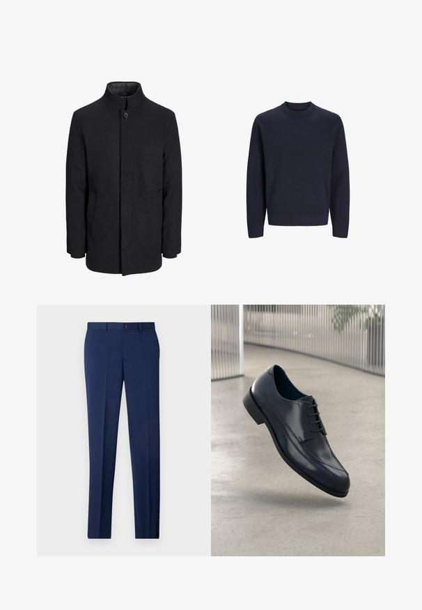 Men's svart ullfrakk med høy krage, skjult glidelås, en knapp lukking og sidelommer.; Marineblå strikket genser med rund halslinning og lange ermer. Har ribbestrikkede mansjetter og nederkant. Glatt tekstur, uformelt design.; Marine formelle bukser med slim fit, glat frontdesign og blød tekstur. Funktioner inkluderer en enkelt knappelukning og bæltestropper.; Glans svart lærdressko med snørebånd, svevende over et glatt, lyst grått gulv med vertikale metallstenger i bakgrunnen.