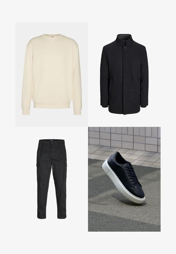 Men's svart ullfrakk med høy krage, skjult glidelås, en knapp lukking og sidelommer.; Kremfarget hettegenser laget av myk stoff, med ribbestrikket rund hals, senkede skuldre og ribbestrikkede mansjetter. Enkel, uforfalsket design.; Sorte cargo bukser laget av slitesterkt stoff, med flere lommer, knappelukking og en slim fit-design med avsmalnede ben.; Sorte skinnsneakers med rund tå og hvit gummisåle. Har flate lisser og minimal søm på overdelen. Strukturert såle for grep.