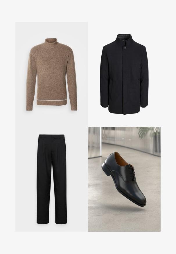 Manteau en laine noir pour homme avec col haut, fermeture éclair dissimulée, fermeture à un bouton et poches latérales.; INDICODE JEANS Pullover - otter; Pantalons noirs en tissu lisse, avec une coupe droite, deux plis avant et une taille standard avec passants de ceinture.; Chaussure habillée en cuir noir avec une finition lisse, un bout pointu et un design à lacets. Présente une couture discrète le long de la semelle.