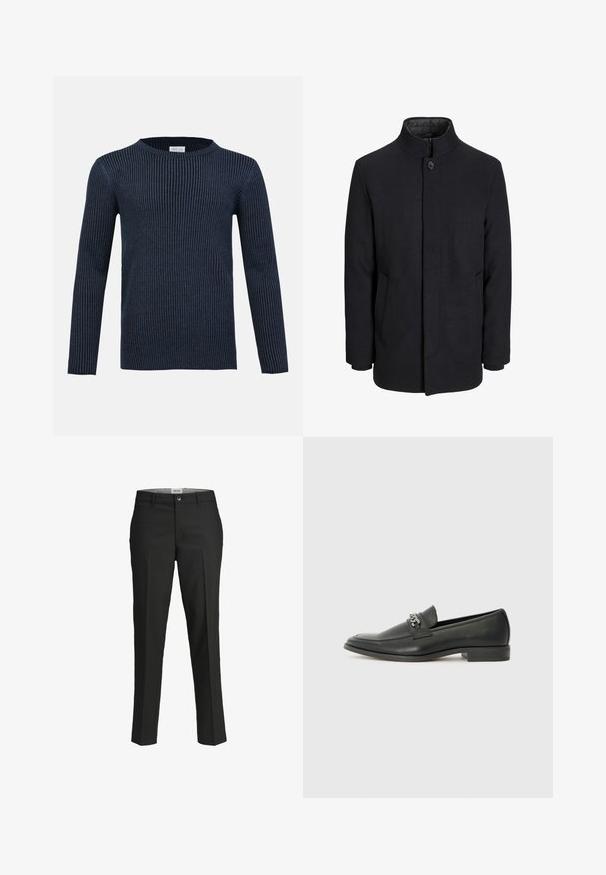 Zwart wollen mannenjas met hoge kraag, verborgen rits, sluiting met één knop en zijzakken.; Marineblauwe ribgebreide trui met lange mouwen, ronde halslijn en een gestructureerd patroon. Gemaakt van een zachte stof, met een slanke silhouet.; Zwarte broek, getailleerde pasvorm, gladde stof, middelhoge taille, sluiting met frontknop, diagonale zakken en plooien langs de benen.; Zwarte leren instapper met een gladde afwerking, voorzien van een gestikt ontwerp en een decoratieve metalen kettingaccent over de wreef. Platte hak.