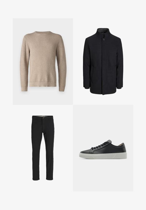 Moška črna volnena jakna z višjim ovratnikom, skritim zadrgo, enojnim gumbom za zapiranje in stranskimi žepi.; Bež pulover s krojenim ovratnikom v teksturiranem pletenju, z dolgimi rokavi in ravnim robom. Tkanina se zdi mehka in topla.; Črne bombažne hlače iz mešanice tkanin, ožjega kroja, z gumbom za zapiranje, žepi in zavihanimi robovi za sproščen videz.; Črne usnjene teniske z gladko teksturo, okroglo konico in črnimi vezalkami. Imajo debel bel gumijast podplat s subtilnimi geometrijskimi poudarki.
