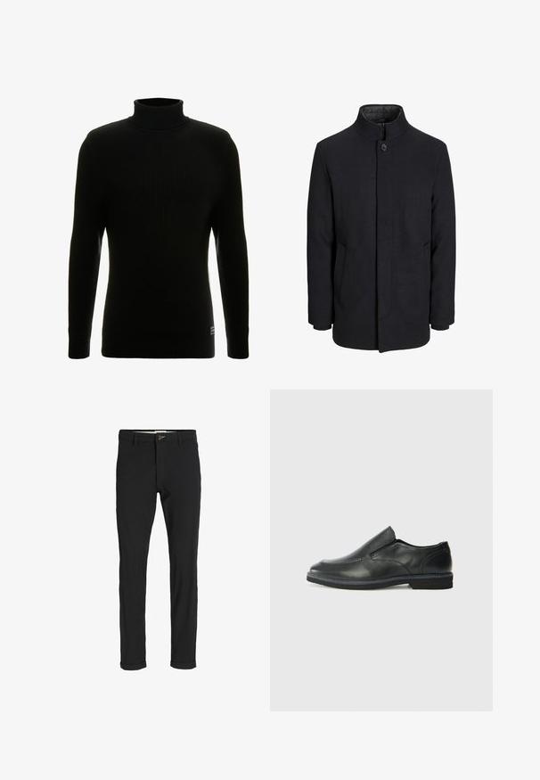 Męski czarny wełniany płaszcz z wysokim kołnierzem, ukrytym zamek błyskawicznym, zapięciem na jeden guzik oraz bocznymi kieszeniami.; Czarny sweter typu golf z długimi rękawami, prążkowaną fakturą, dopasowanym krojem i małą metką marki na dolnym lewym boku.; Czarne spodnie z bawełnianego materiału w slim fit, z zapięciem na guzik, kieszeniami i podwiniętymi mankietami, co nadaje im swobodny charakter.; Czarne skórzane buty wsuwane z gładką cholewką, przeszyciami, okrągłym noskiem i niskim gumowym obcasem. Podeszwa ma minimalny bieżnik.