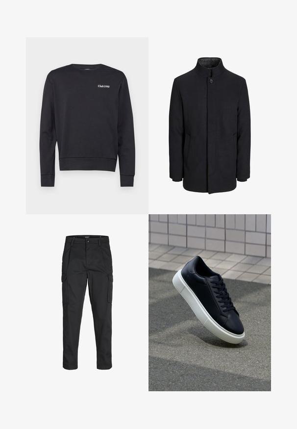 Men's black wool coat with high collar, concealed zipper, single button closure, and side pockets.; Black sweatshirt made of soft fabric, featuring long sleeves, a crew neck, and a white "Club1990" logo on the chest. Simple design.; Black cargo pants made of sturdy fabric, featuring multiple pockets, a button closure, and a slim fit design with tapered legs.; Black leather sneaker with rounded toe and white rubber sole. Features flat laces and minimal stitching on the upper. Textured sole for grip.