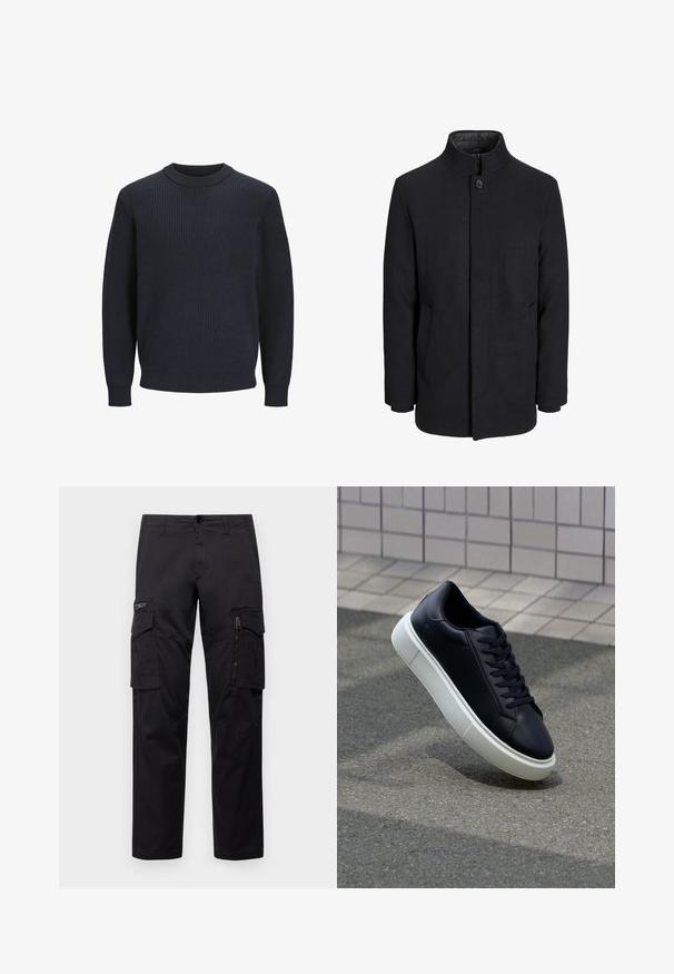 Moška črna volnena jakna z višjim ovratnikom, skritim zadrgo, enojnim gumbom za zapiranje in stranskimi žepi.; Mornarsko rebrasto pleteno pulover s okroglim izrezom in dolgimi rokavi; ima teksturirano tkanino in prilegajoč rob v pasu.; Črne cargo hlače z več žepi, z zadrgo na stegnu, ravnim krojem in trdnim bombažnim materialom z rahlo sijajem.; Črne usnjene superge z zaobljenim prstom in belim gumijastim podplat. Imajo ravne vezalke in minimalno šivanje na zgornjem delu. Teksturirani podplat za oprijem.