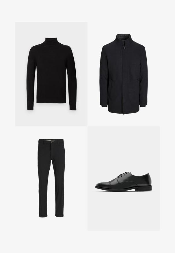 Herre sort uldfrakke med høj krave, skjult lynlås, enkelt knaplukning og sidelommer.; Sort langærmet turtleneck sweater med ribbet krave, manchetter og kant, vist på en hvid baggrund.; Sorte bomuldsblandede bukser med slim fit, der har en knaplukning, lommer og opbrugte stumper for et afslappet udtryk.; Sort læder dress-sko med rund tå, snørebåndsdesign, diskrete syninger og lav hæl. Glat tekstur med poleret finish.