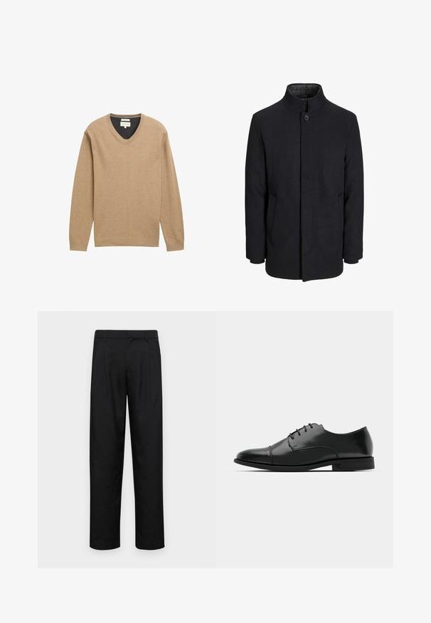 Cappotto da uomo in lana nera con colletto alto, zip nascosta, chiusura a un bottone e tasche laterali.; Maglione beige a V realizzato in morbido tessuto a maglia, con maniche lunghe e orlo a costine. Dettaglio logo discreto sul petto.; Pantaloni neri realizzati in tessuto liscio, caratterizzati da un taglio dritto, due pieghe frontali e una vita standard con passanti per la cintura.; Scarpa da uomo in pelle nera con punta rotonda, design con lacci, dettagli di cucitura discreti e tacco basso. Texture liscia con finitura lucida.