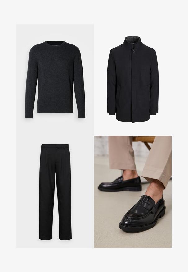 Vyriškas juodas vilnonis paltas su aukštu apykakle, užslėptu užtrauktuku, vienu užsegimu ir šoninėmis kišenėmis.; Tamsiai pilka megztinis su ilgomis rankovėmis, apvaliu kaklu, tekstūruotais rankogaliais ir apatine dalimi. Lygi tekstūra su subtiliomis spalvų variacijomis. Be aiškių raštų.; Juodi kelnių modeliai, pagaminti iš lygios medžiagos, turi tiesią kojas, du priekiniai klostės ir standartinę juosmenį su diržo kilpomis.; Juodi odiniai loaferiai su lygia apdaila, su dekoratyvine juosta ir kontrastinėmis siūlėmis, derinami su bežinėmis kelnėmis.