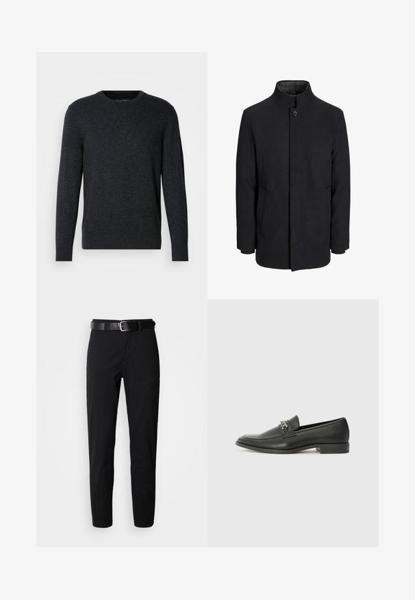 Palton negru din lână pentru bărbați, cu guler înalt, fermoar ascuns, închidere cu un singur buton și buzunare laterale.; Pulover tricotat de culoare gri închis, cu mâneci lungi, decolteu rotund, manșete și tiv cu nervuri. Textură netedă cu o variație subtilă de culoare. Fără modele distincte.; Pantaloni negri cu o croială dreaptă, având o textură netedă și un cureaua din piele neagră cu o cataramă argintie. Design simplu, fără modele sau accente.; Pantofii negri din piele cu un finisaj neted, având un design cusut și un accent decorativ de lanț metalic peste partea de sus. Toc plat.