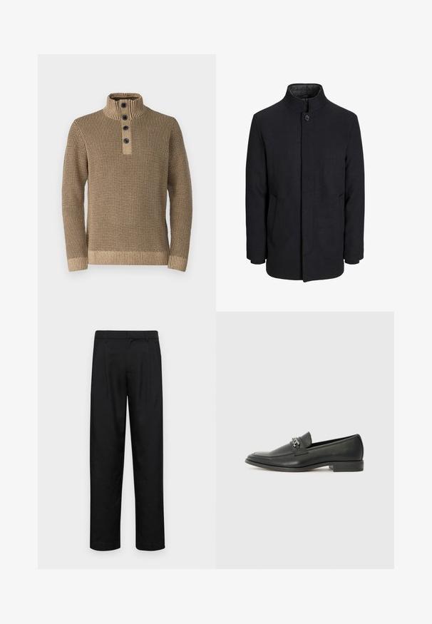 Abrigo de lana negro para hombre con cuello alto, cremallera oculta, cierre de un botón y bolsillos laterales.; Suéter marrón de punto con cuello alto, que presenta una tapeta de medio botón con cuatro botones negros, puños acanalados y una tela texturizada.; Pantalones negros de tela suave, con un diseño de pierna recta, dos pliegues frontales y una cintura estándar con trabillas para el cinturón.; Mocasín de cuero negro con un acabado suave, que cuenta con un diseño de costura y un acento decorativo de cadena de metal en el empeine. Tacón plano.