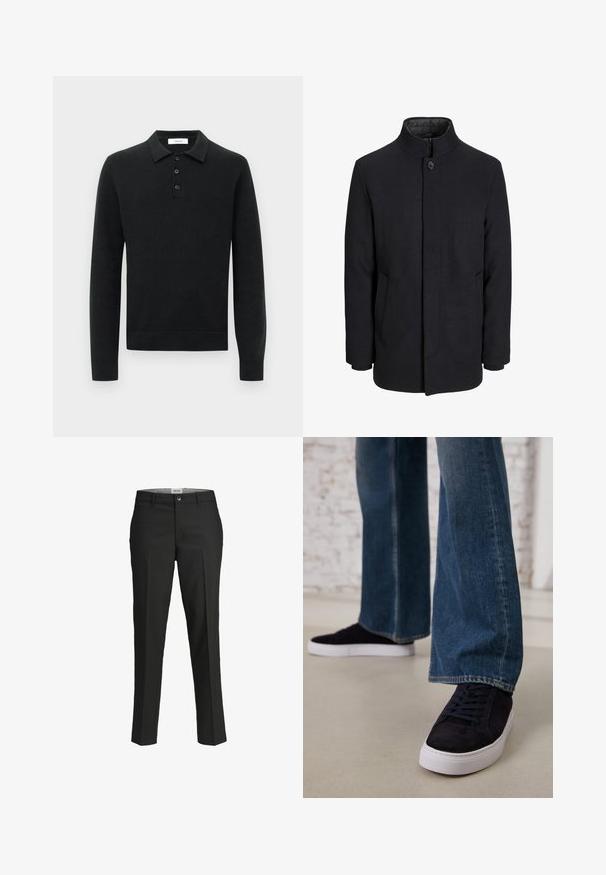 Miestenský čierny vlnený kabát s vysokým golierom, skrytým zipsom, jedným gombíkom na zapínanie a bočnými vreckami.; Musta pitkähihaiseksi neulottu polo-paita, jossa on kolme mustaa nappia ja käännettävä kaulus, esillä valkoista taustaa vasten.; Mustat housut, mittatilaustyönä valmistettu, sileä kangas, keski-korkea vyötärö, etunapilla suljettuna, viistot taskut ja taitteet lahkeissa.; Tummansinisiä mokkanahkakengät, joissa on valkoinen kumipohja ja nauhat, yhdistettynä leveälahkeisiin farkkuihin, joiden sävy on keskitumma sininen.