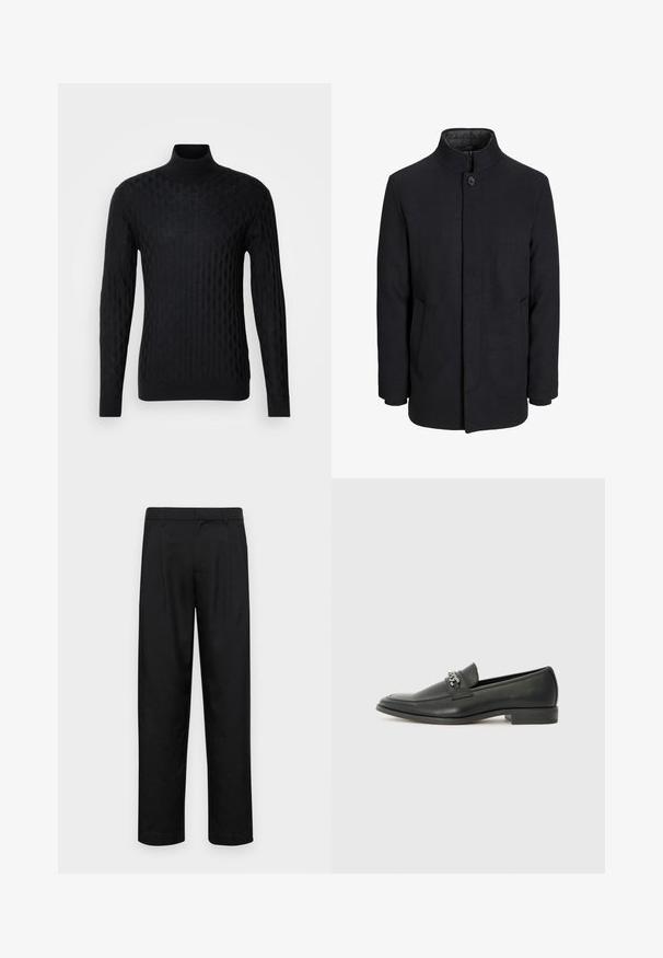 Herren schwarzer Wollmantel mit hohem Kragen, verdecktem Reißverschluss, einreihigem Knopfverschluss und Seitentaschen.; Schwarzer Rollkragenpullover mit einem strukturierten Rautenmuster, aus Strickmaterial gefertigt, mit langen Ärmeln und einer taillierten Silhouette.; Schwarze Hose aus glattem Stoff, mit geradem Bein Design, zwei vorderen Falten und einem Standardbund mit Gürtelschlaufen.; Schwarzer Lederloafer mit glatter Oberfläche, ausgestattet mit einer gesteppten Gestaltung und einem dekorativen Metallkettendetail über dem Vorderblatt. Flacher Absatz.