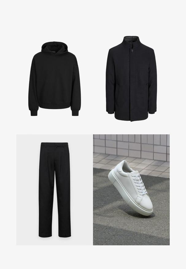 Zwart wollen mannenjas met hoge kraag, verborgen rits, sluiting met één knop en zijzakken.; Zwarte hoodie gemaakt van zacht materiaal, voorzien van een trekkoordkap, lange mouwen en ribgebreide boorden en zoom. Eenvoudig ontwerp zonder patronen.; Zwarte broeken van gladde stof, met een recht model, twee voorknikken en een standaard tailleband met riemlussen.; Witte leren sneaker met een glad oppervlak, ronde neus en platte witte veters. Voorzien van een gestructureerde rubberen zool en minimale ontwerpelementen.