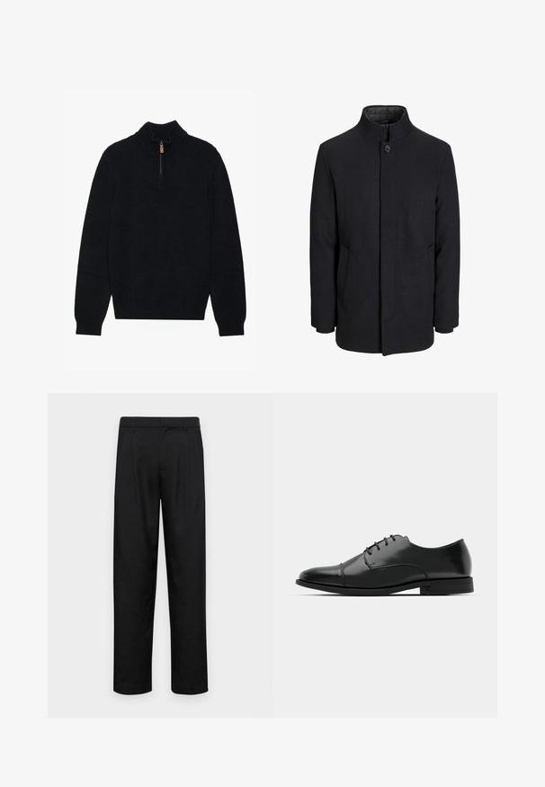 Zwart wollen mannenjas met hoge kraag, verborgen rits, sluiting met één knop en zijzakken.; Zwarte trui met een hoge hals en een halve rits, gemaakt van een zachte, gestructureerde stof. Heeft ribgebreide manchetten en een ribgebreide zoom.; Zwarte broeken van gladde stof, met een recht model, twee voorknikken en een standaard tailleband met riemlussen.; Zwarte leren dresschoenen met een ronde neus, vetersluiting, subtiele stiksels en een lage hak. Glad oppervlak met gepolijste afwerking.