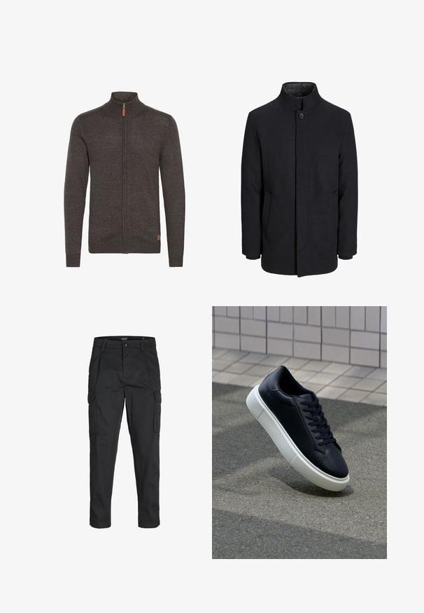 Men's svart ullfrakk med høy krage, skjult glidelås, en knapp lukking og sidelommer.; Mørkegrå zip-up cardigan med høy krage, ribbede mansjetter og nederkant. Har et teksturert strikket stoff og liten logo-patch nederst.; Sorte cargo bukser laget av slitesterkt stoff, med flere lommer, knappelukking og en slim fit-design med avsmalnede ben.; Sorte skinnsneakers med rund tå og hvit gummisåle. Har flate lisser og minimal søm på overdelen. Strukturert såle for grep.